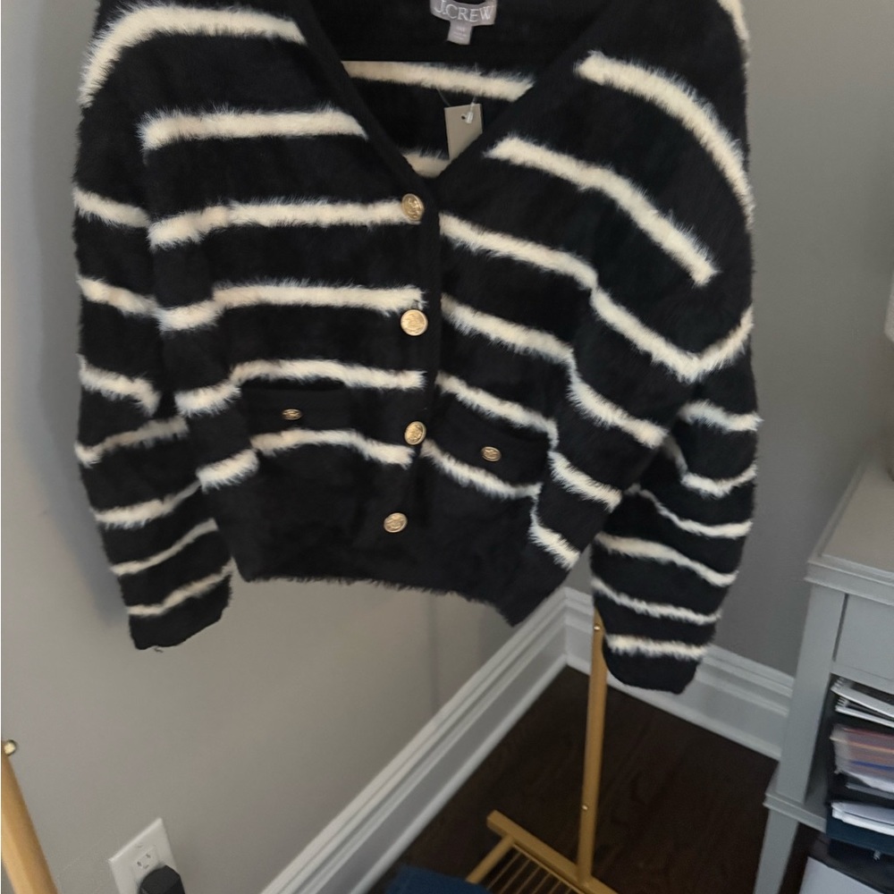 J. Crew Black and White Striped Cardigan Sweater
